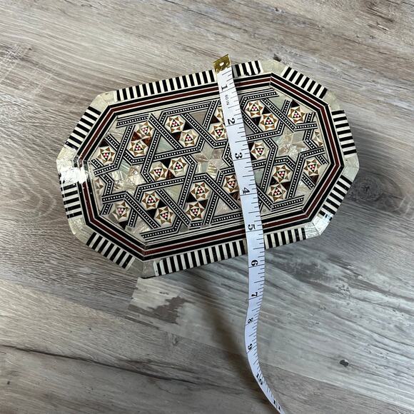 Vintage Syrian Mosaic Jewelry Box Octagonal Inlaid Wood Red Velvet Lined 8.5” - Picture 8 of 9